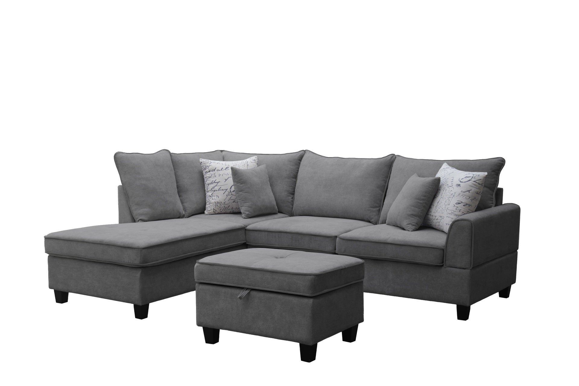 Gabriella 99"W Gray Fabric Sectional Sofa with Left-Facing Chaise and Storage Ottoman
