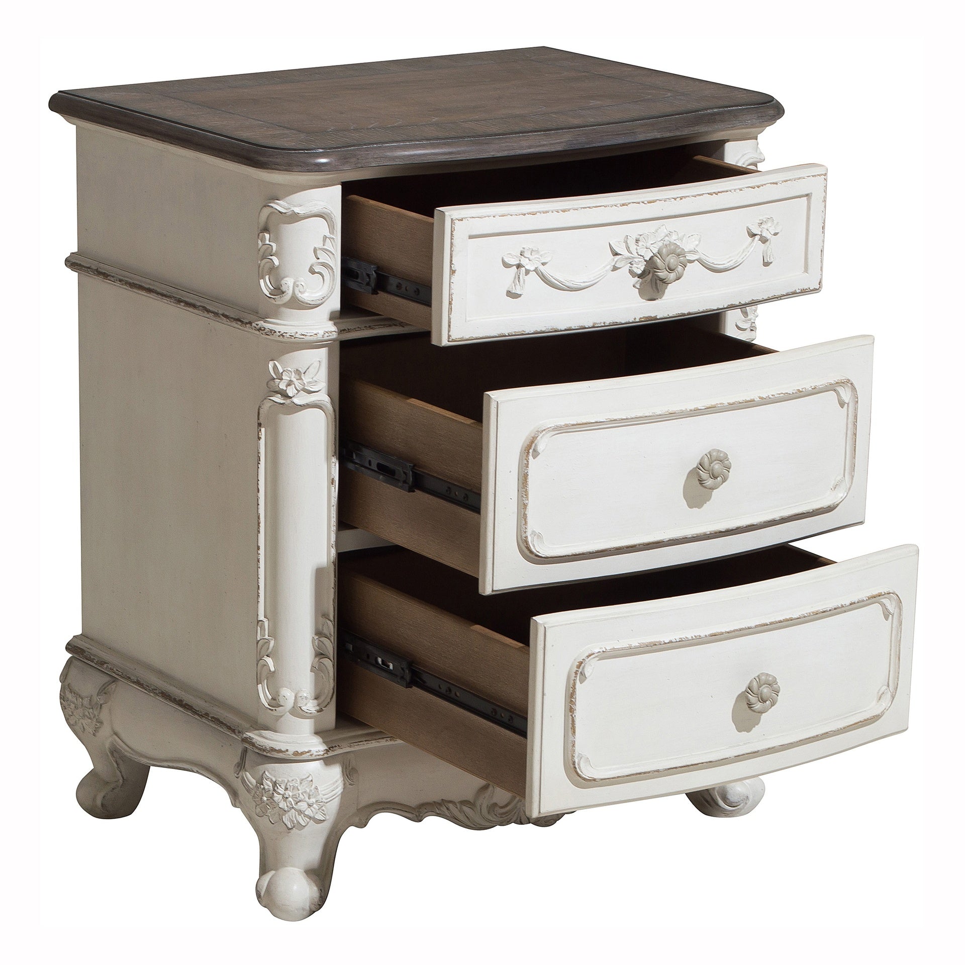 Victorian Style Antique White and Oak Finish Nightstand of 3-Drawer 1pc Carving Design Classic Traditional Bedroom Furniture