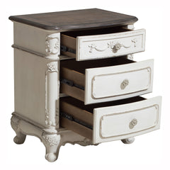 Victorian Style Antique White and Oak Finish Nightstand of 3-Drawer 1pc Carving Design Classic Traditional Bedroom Furniture