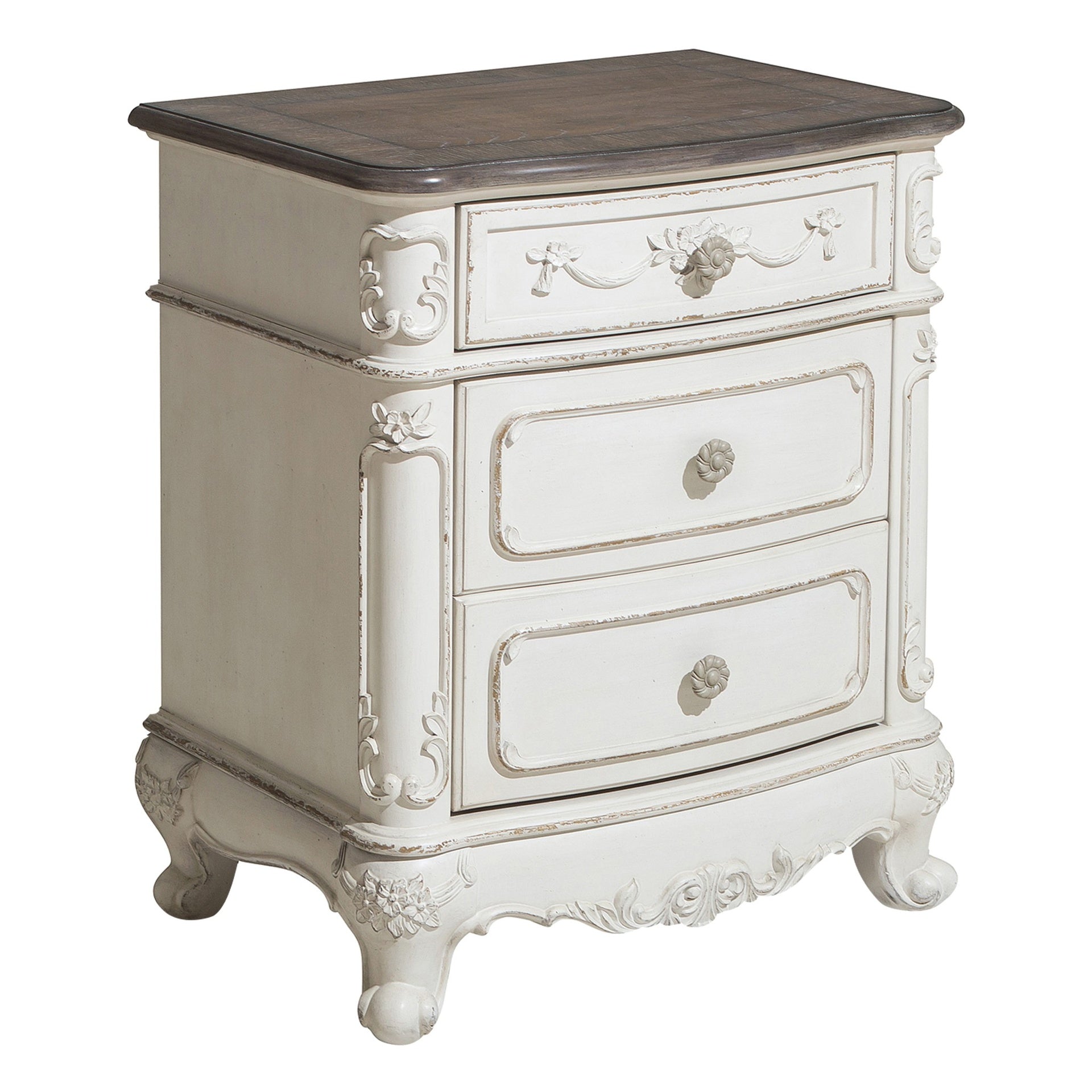 Victorian Style Antique White and Oak Finish Nightstand of 3-Drawer 1pc Carving Design Classic Traditional Bedroom Furniture