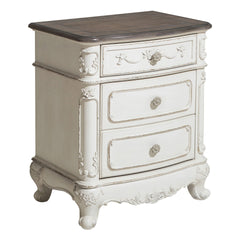 Victorian Style Antique White and Oak Finish Nightstand of 3-Drawer 1pc Carving Design Classic Traditional Bedroom Furniture