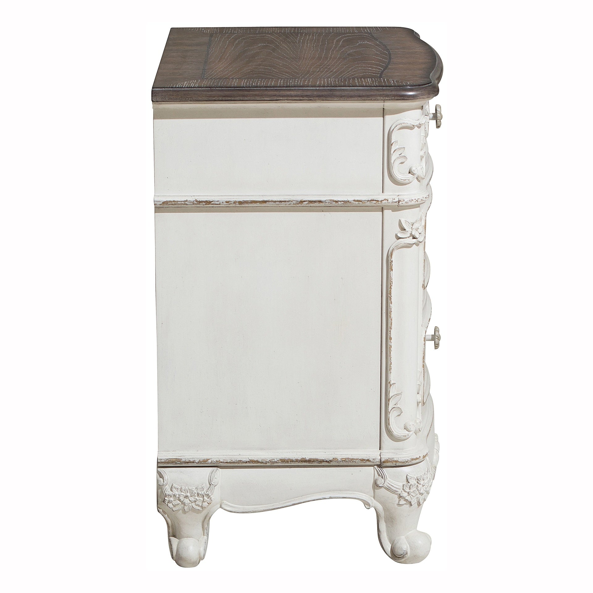 Victorian Style Antique White and Oak Finish Nightstand of 3-Drawer 1pc Carving Design Classic Traditional Bedroom Furniture