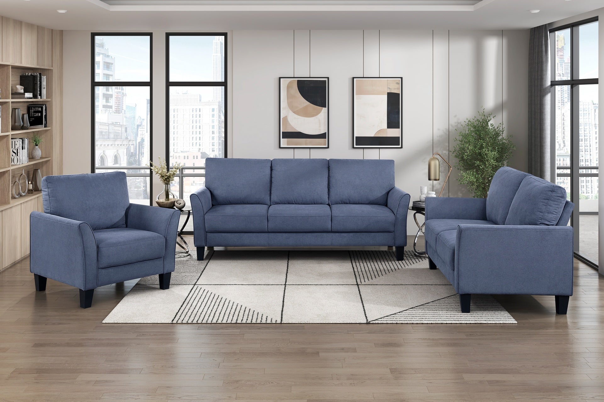 Modern Contemporary Sofa Set 3pc Blue Upholstered Sofa Loveseat Chair Plush Seat Comfort Durable Solid Wood Living Room Furniture