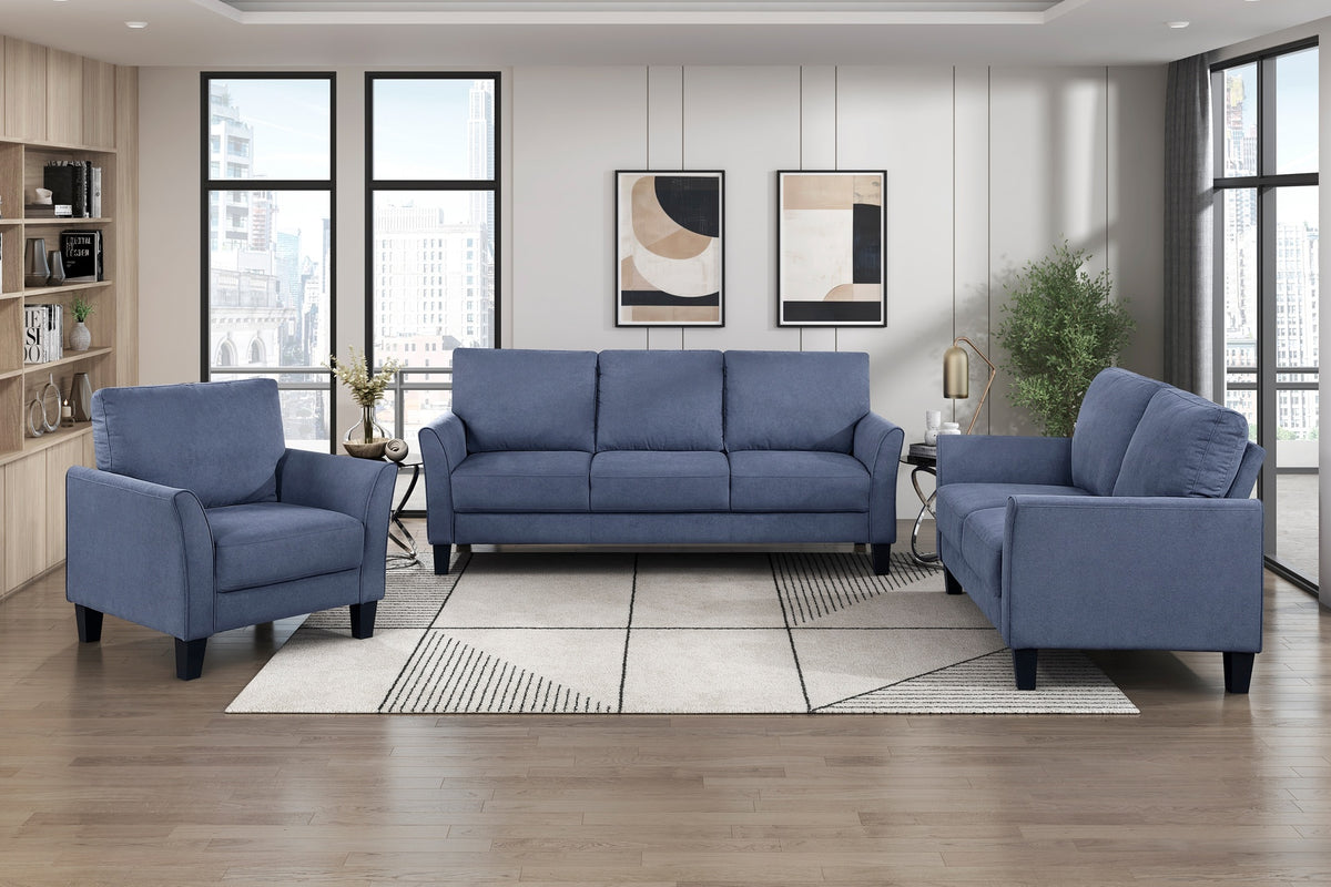 Modern Contemporary Sofa Set 3pc Blue Upholstered Sofa Loveseat Chair Plush Seat Comfort Durable Solid Wood Living Room Furniture