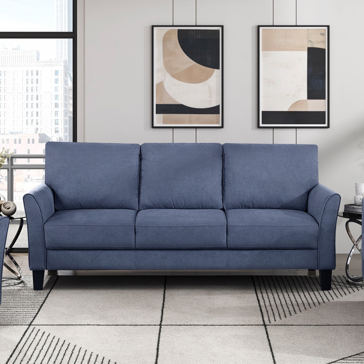 Modern Contemporary Sofa Set 3pc Blue Upholstered Sofa Loveseat Chair Plush Seat Comfort Durable Solid Wood Living Room Furniture