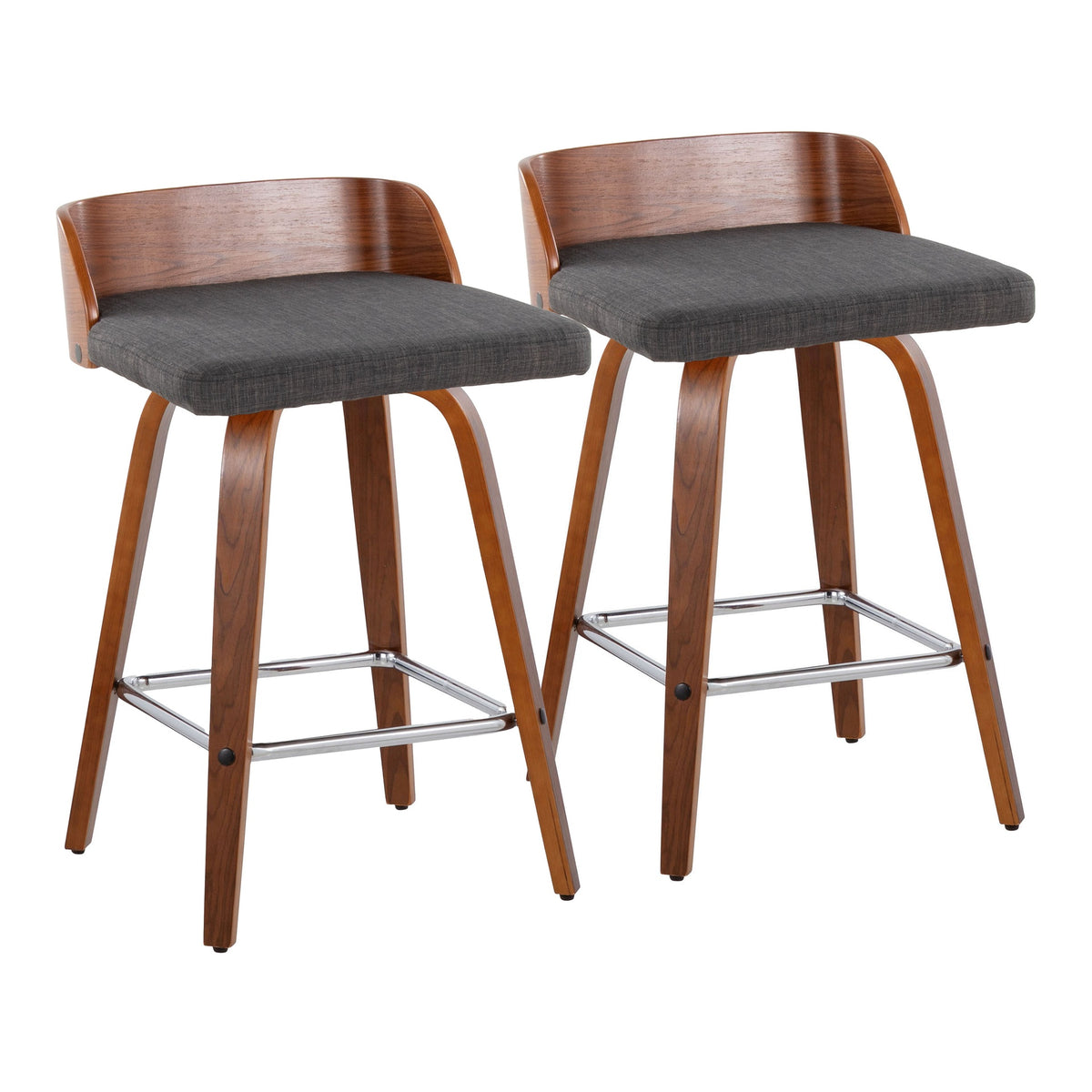 Maya 26" Mid-Century Modern Fixed-Height Counter Stool with Swivel in Walnut Wood and Charcoal Fabric with Square Chrome Metal Footrest by LumiSource - Set of 2