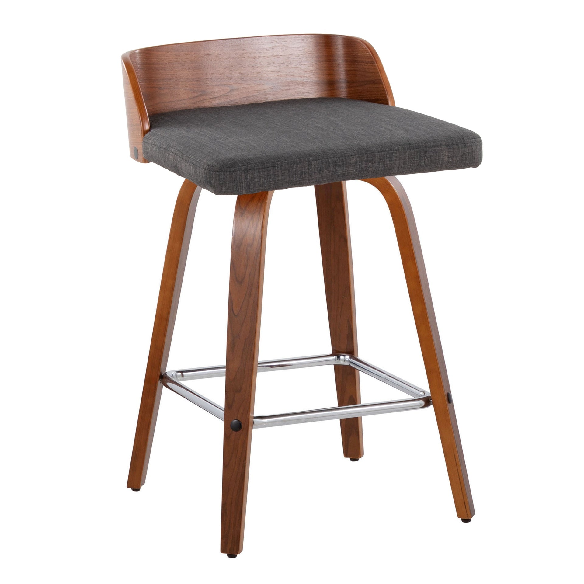 Maya 26" Mid-Century Modern Fixed-Height Counter Stool with Swivel in Walnut Wood and Charcoal Fabric with Square Chrome Metal Footrest by LumiSource - Set of 2