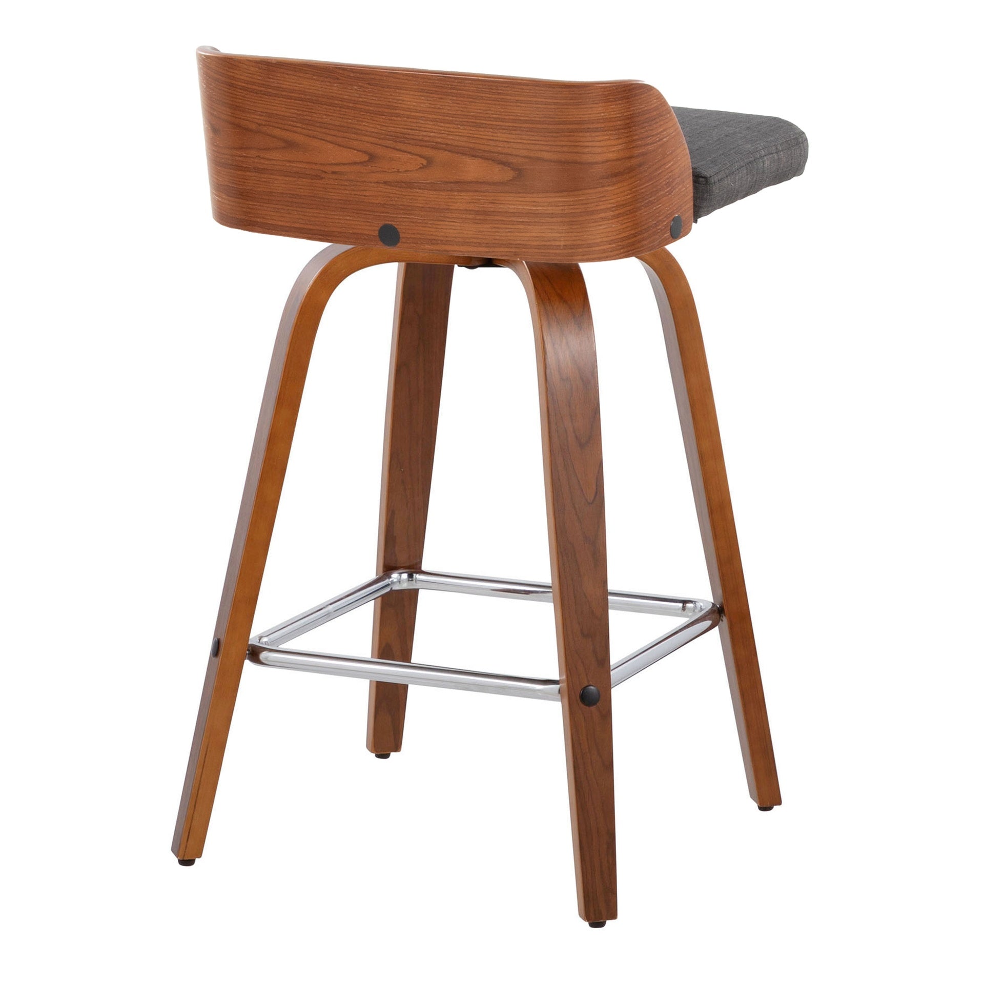 Maya 26" Mid-Century Modern Fixed-Height Counter Stool with Swivel in Walnut Wood and Charcoal Fabric with Square Chrome Metal Footrest by LumiSource - Set of 2