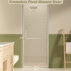 29-30" W ×72" H Frameless Pivot Shower Door, Pivot Swing Shower Glass Doors with 1/4"(6mm) SGCC Clear Tempered Glass,Explosion-Proof Film, Reversible Installation, Brushed Nickel