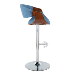 Curvo Mid-Century Modern Adjustable Barstool with Swivel in Chrome Metal, Walnut Wood and Blue Fabric with Rounded T Footrest by LumiSource - Set of 2