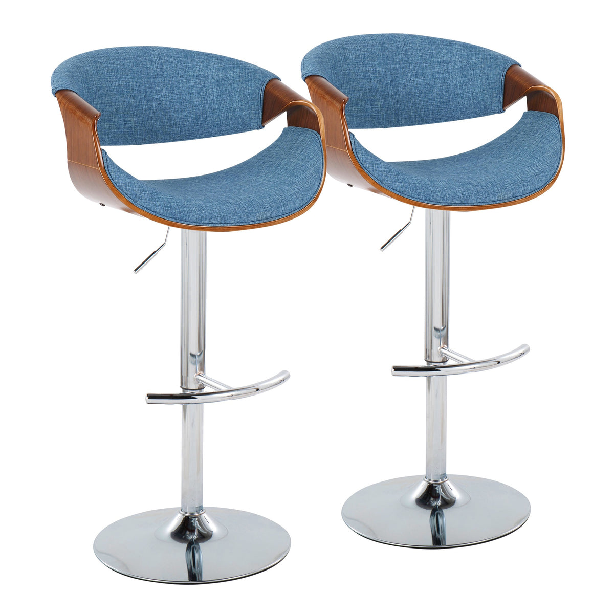 Curvo Mid-Century Modern Adjustable Barstool with Swivel in Chrome Metal, Walnut Wood and Blue Fabric with Rounded T Footrest by LumiSource - Set of 2