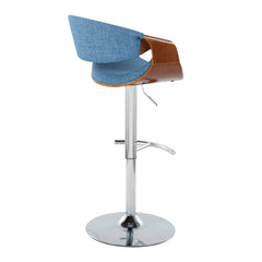 Curvo Mid-Century Modern Adjustable Barstool with Swivel in Chrome Metal, Walnut Wood and Blue Fabric with Rounded T Footrest by LumiSource - Set of 2