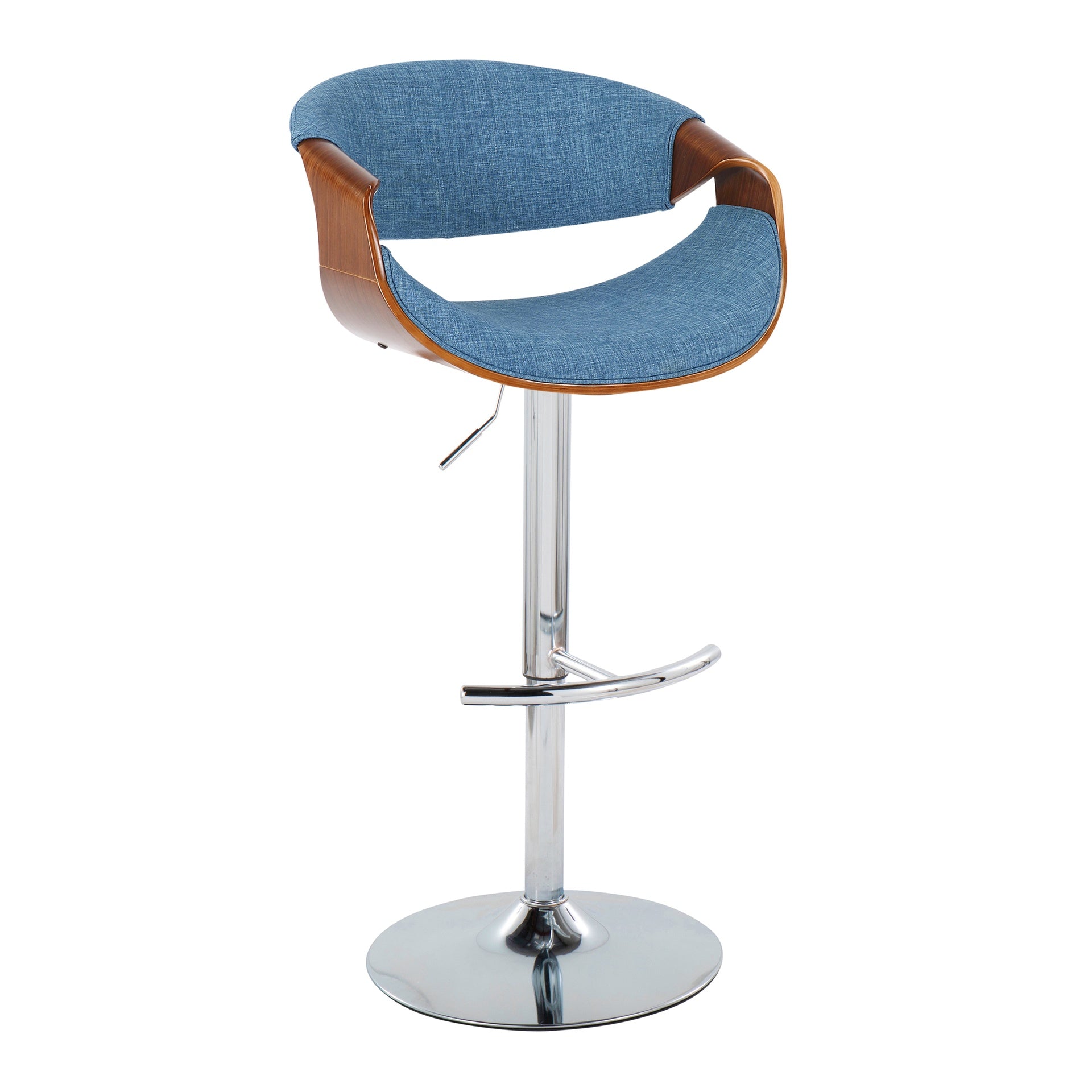 Curvo Mid-Century Modern Adjustable Barstool with Swivel in Chrome Metal, Walnut Wood and Blue Fabric with Rounded T Footrest by LumiSource - Set of 2