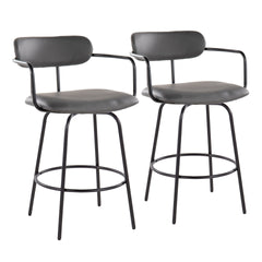 Demi 26" Contemporary Fixed-Height Counter Stool with Swivel in Black Metal and Grey Faux Leather with Round Black Metal Footrest by LumiSource - Set of 2