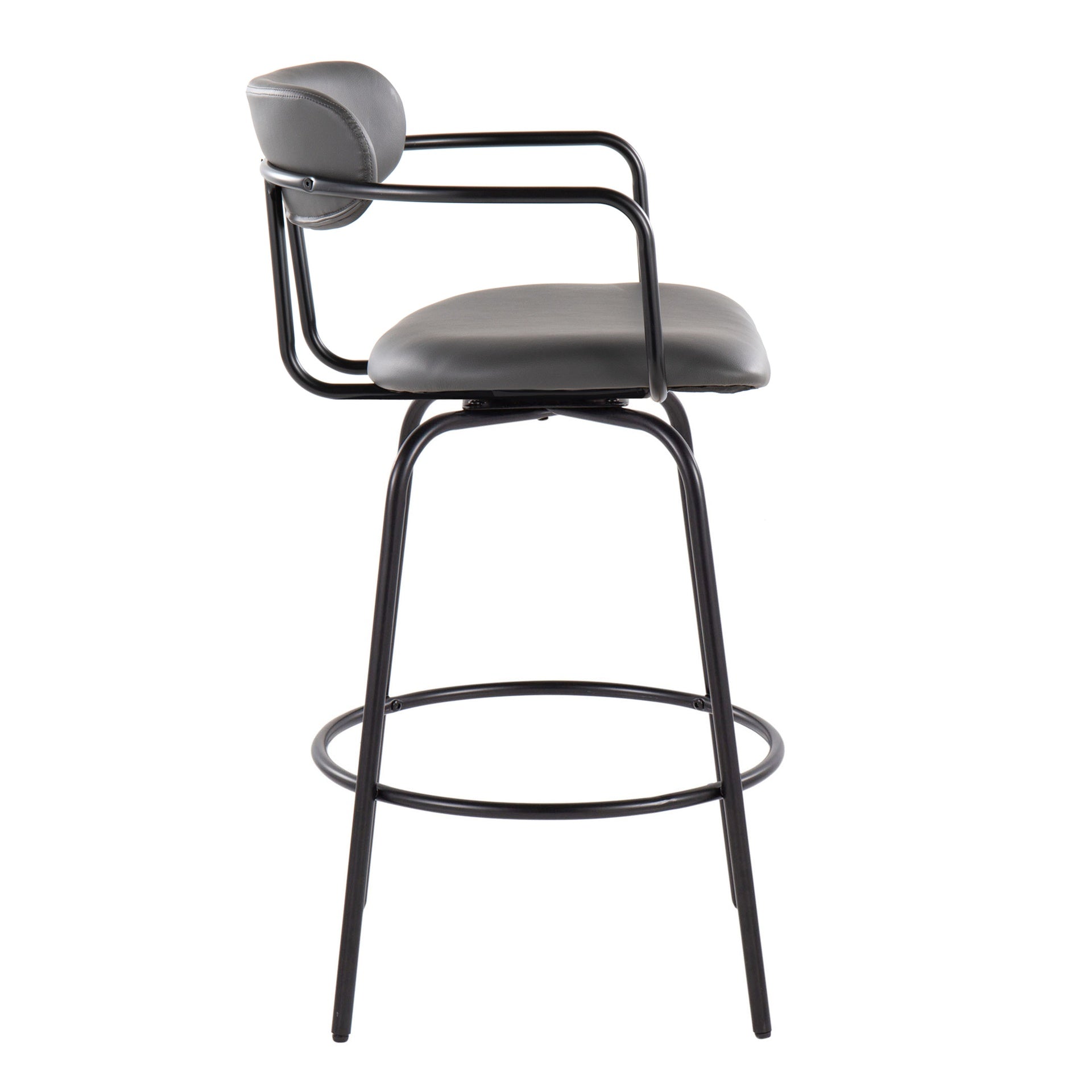 Demi 26" Contemporary Fixed-Height Counter Stool with Swivel in Black Metal and Grey Faux Leather with Round Black Metal Footrest by LumiSource - Set of 2