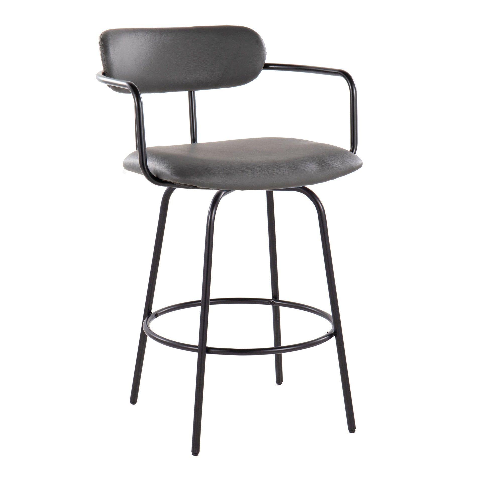 Demi 26" Contemporary Fixed-Height Counter Stool with Swivel in Black Metal and Grey Faux Leather with Round Black Metal Footrest by LumiSource - Set of 2