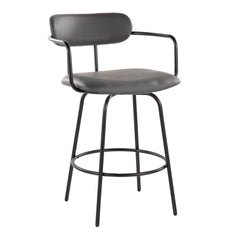 Demi 26" Contemporary Fixed-Height Counter Stool with Swivel in Black Metal and Grey Faux Leather with Round Black Metal Footrest by LumiSource - Set of 2