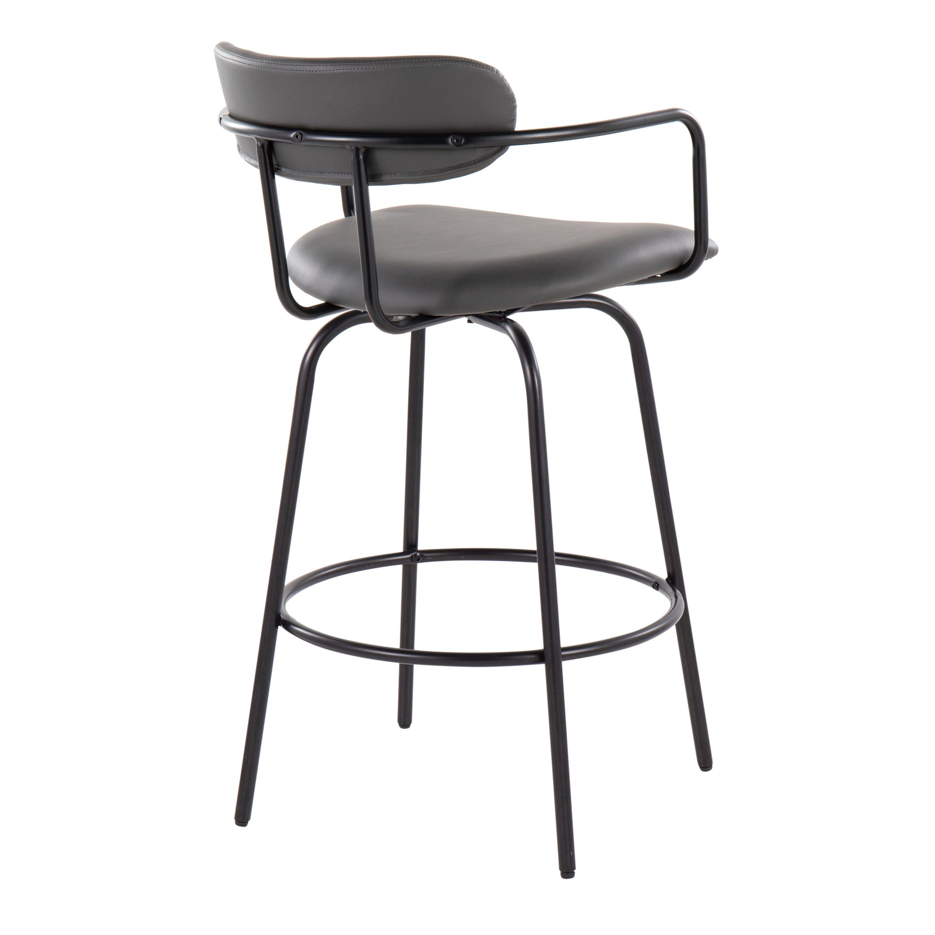 Demi 26" Contemporary Fixed-Height Counter Stool with Swivel in Black Metal and Grey Faux Leather with Round Black Metal Footrest by LumiSource - Set of 2