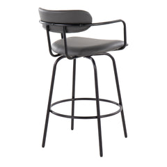 Demi 26" Contemporary Fixed-Height Counter Stool with Swivel in Black Metal and Grey Faux Leather with Round Black Metal Footrest by LumiSource - Set of 2