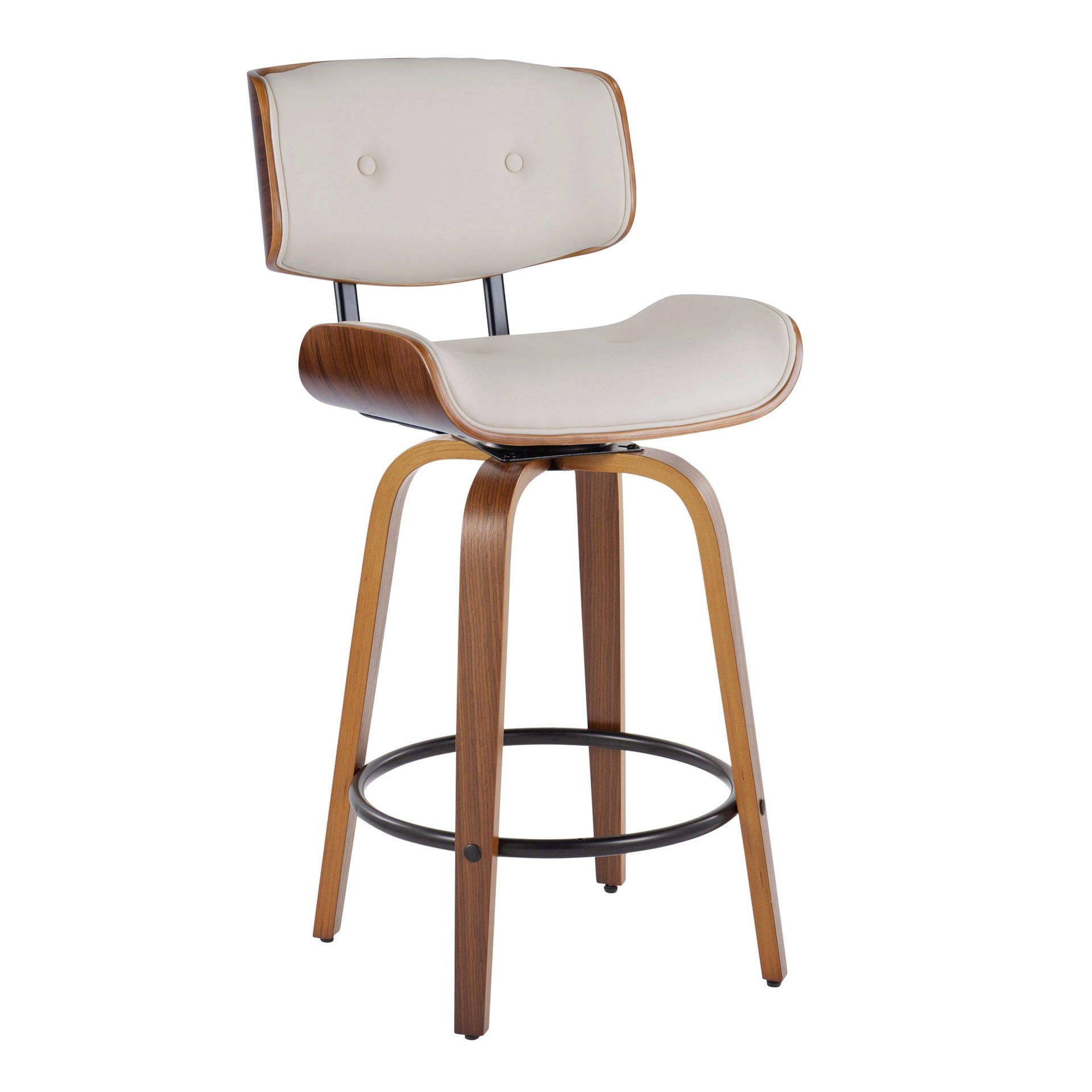 Lombardi 26" Mid-Century Modern Fixed-Height Counter Stool with Swivel in Walnut Wood and Cream Faux Leather with Round Black Metal Footrest by LumiSource - Set of 2