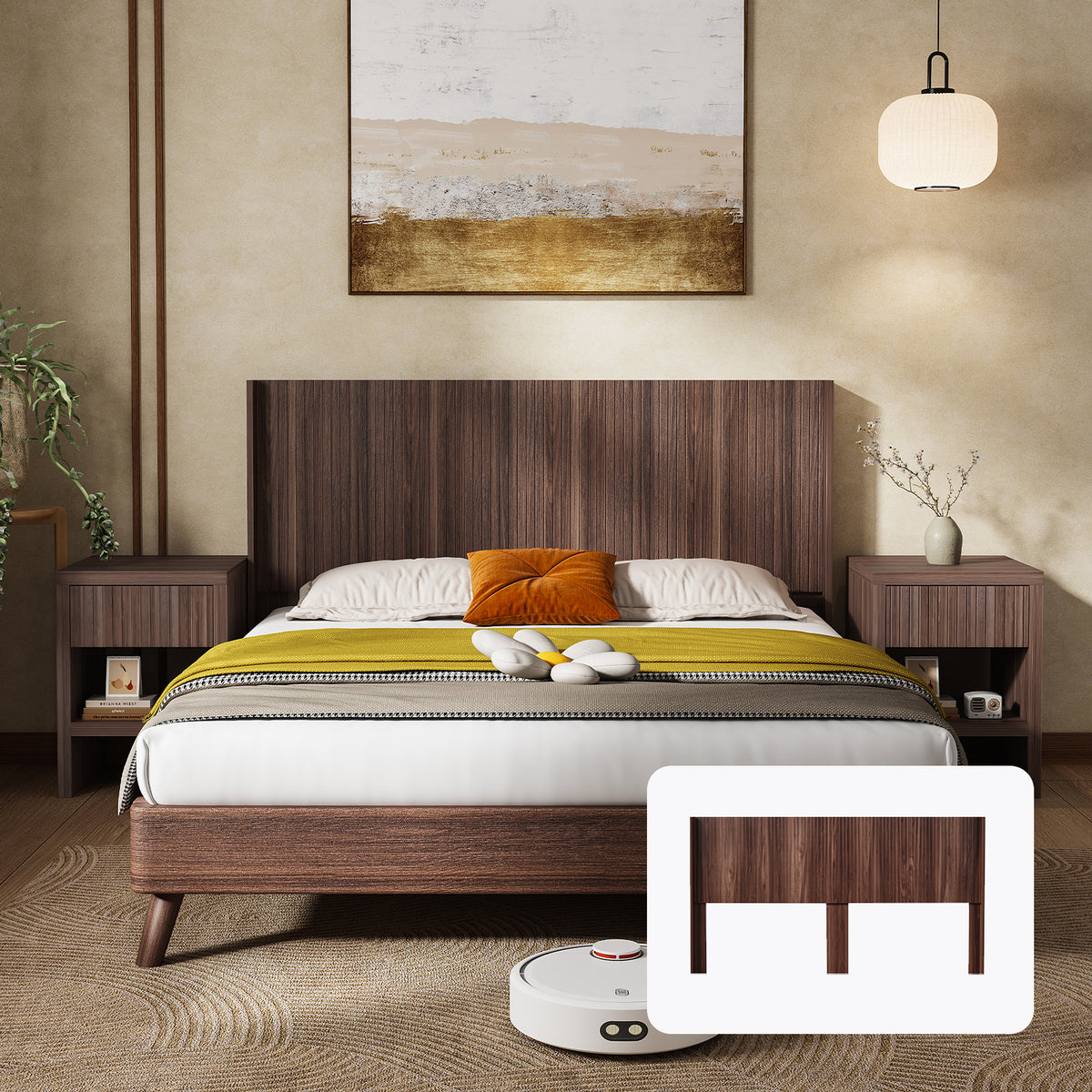 Modern Farmhouse Wood Headboard King Size 80.2 in Wide Wall Mounted Fluted Panel Wingback - Walnut
