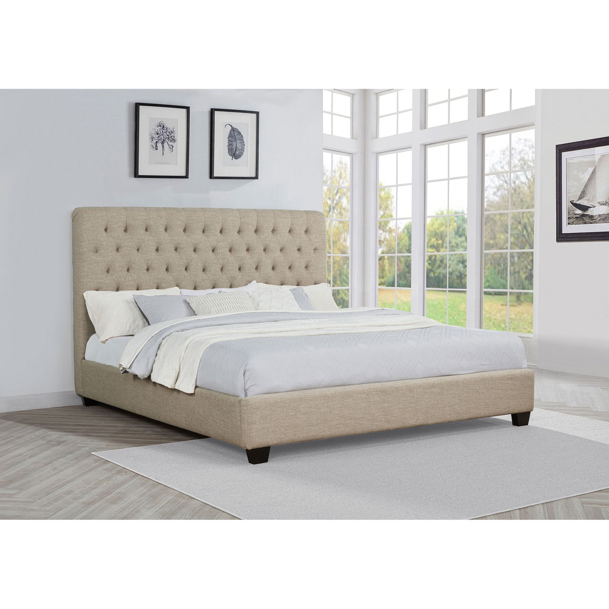 Copper Oatmeal Upholstered Eastern King Panel Bed