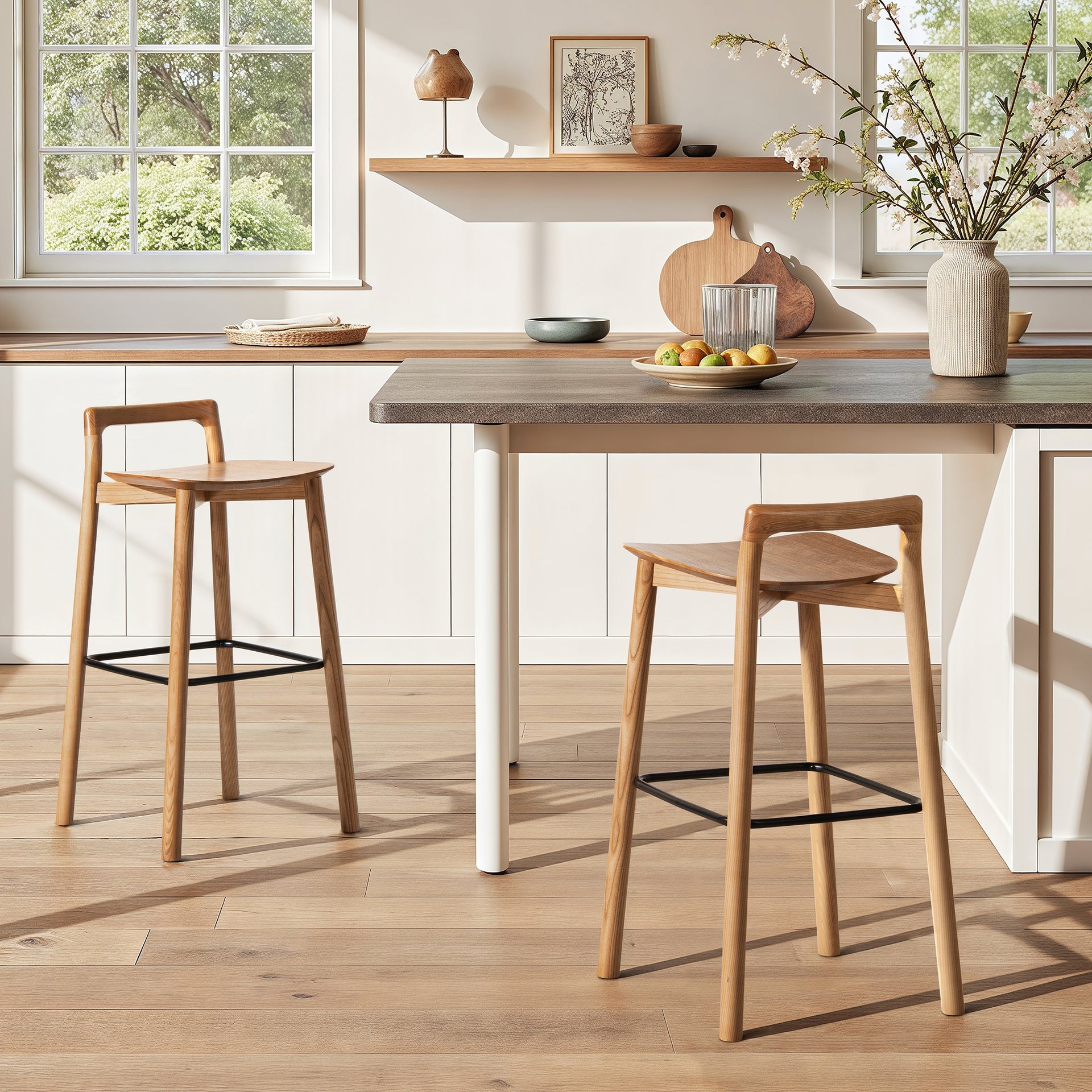 Sven 30" Modern Minimalist Low Back Wood Barstool, Natural Blonde Ash Wood