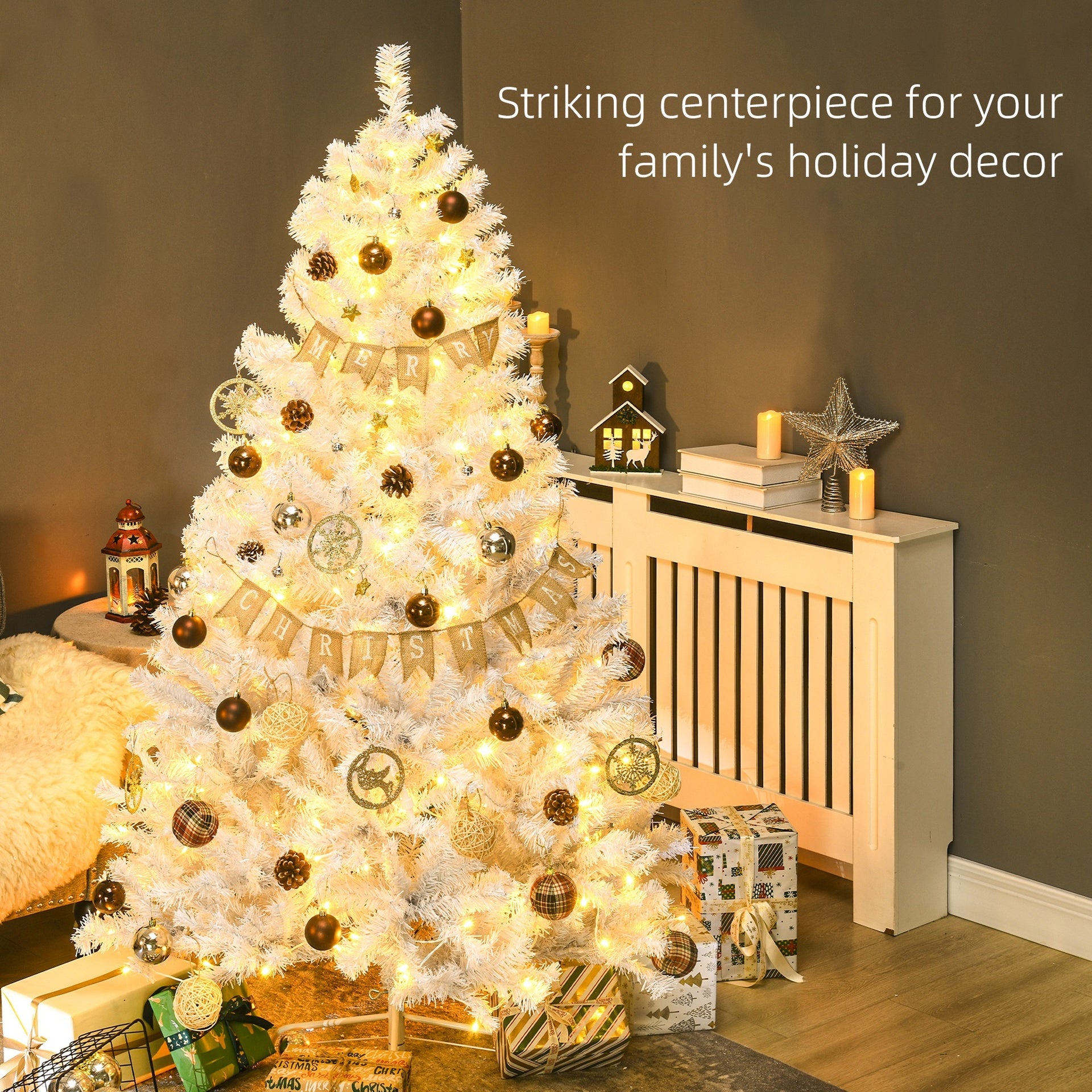 HOMCOM 6' Prelit Artificial White Christmas Trees Home Decor, with Warm White LED Lights, Auto Open, Steel Base