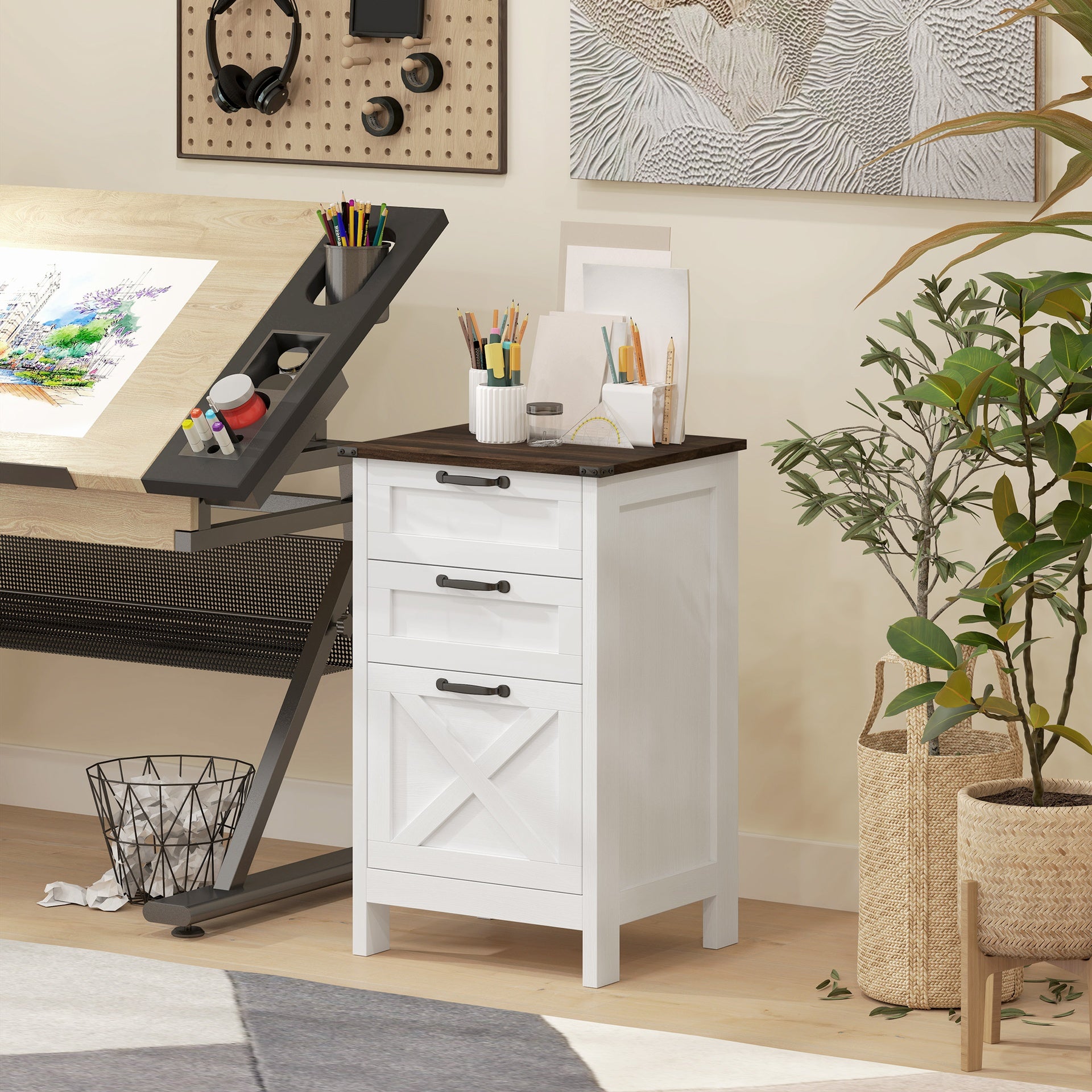 HOMCOM Vertical File Cabinet with 3 Drawers, Rustic Farmhouse Office Storage Cabinet for A4, Letter Size, Distressed White