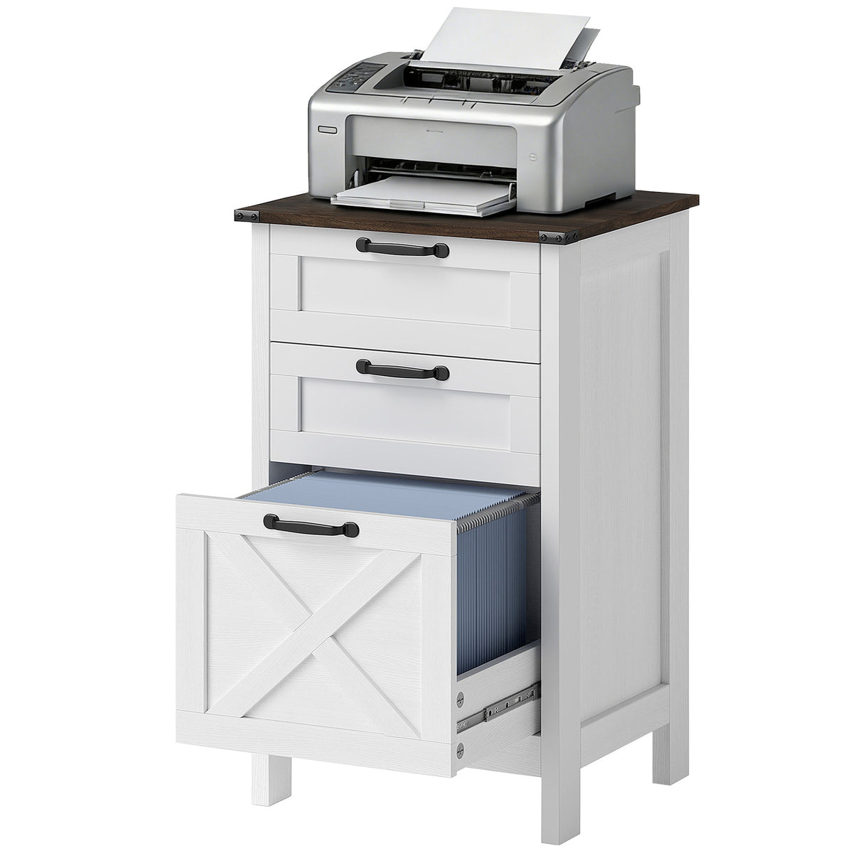 HOMCOM Vertical File Cabinet with 3 Drawers, Rustic Farmhouse Office Storage Cabinet for A4, Letter Size, Distressed White