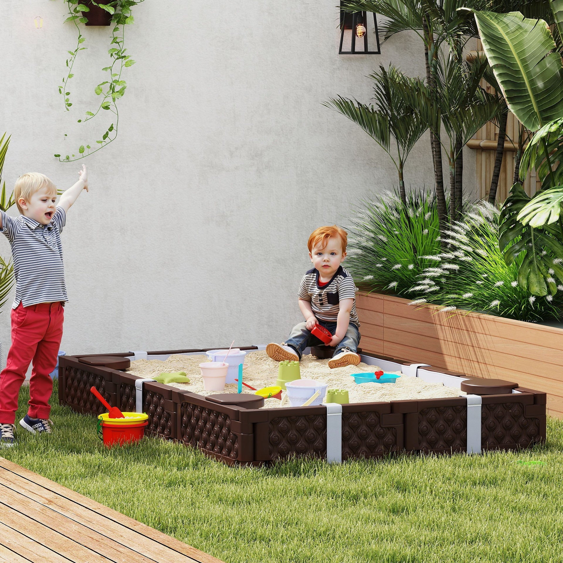 Qaba Kids Sandbox with Cover, 4 Corner Seats, Bottom Liner for Backyard, Garden, Outdoor, 73" x 47" x 9", Dark Brown