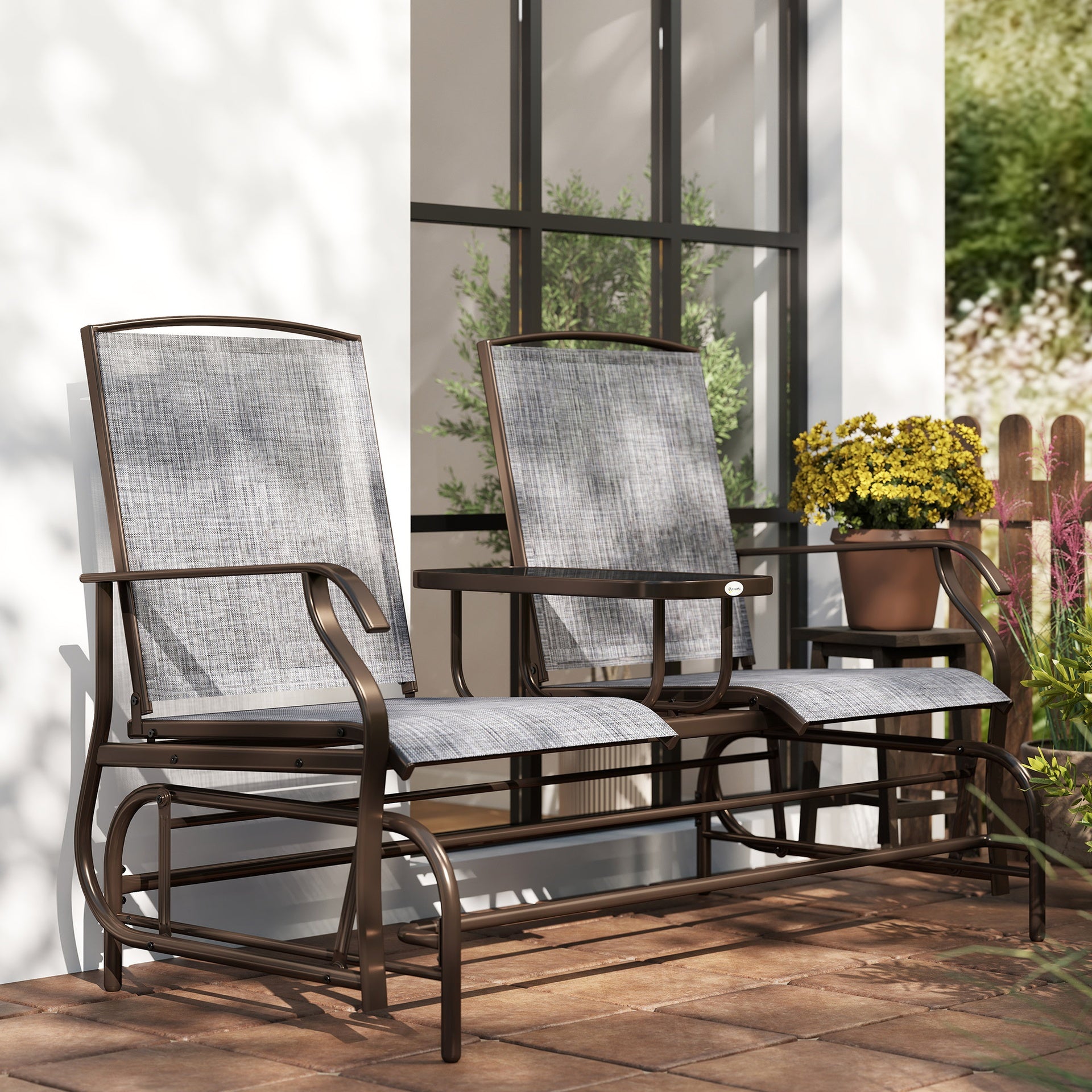 Outsunny 2-Seat Outdoor Glider Swing, Center Coffee Table and Independent Chairs, Supports Up to 352 lbs., Loveseat with Breathable Sling for Backyard, Garden, and Porch, Brown