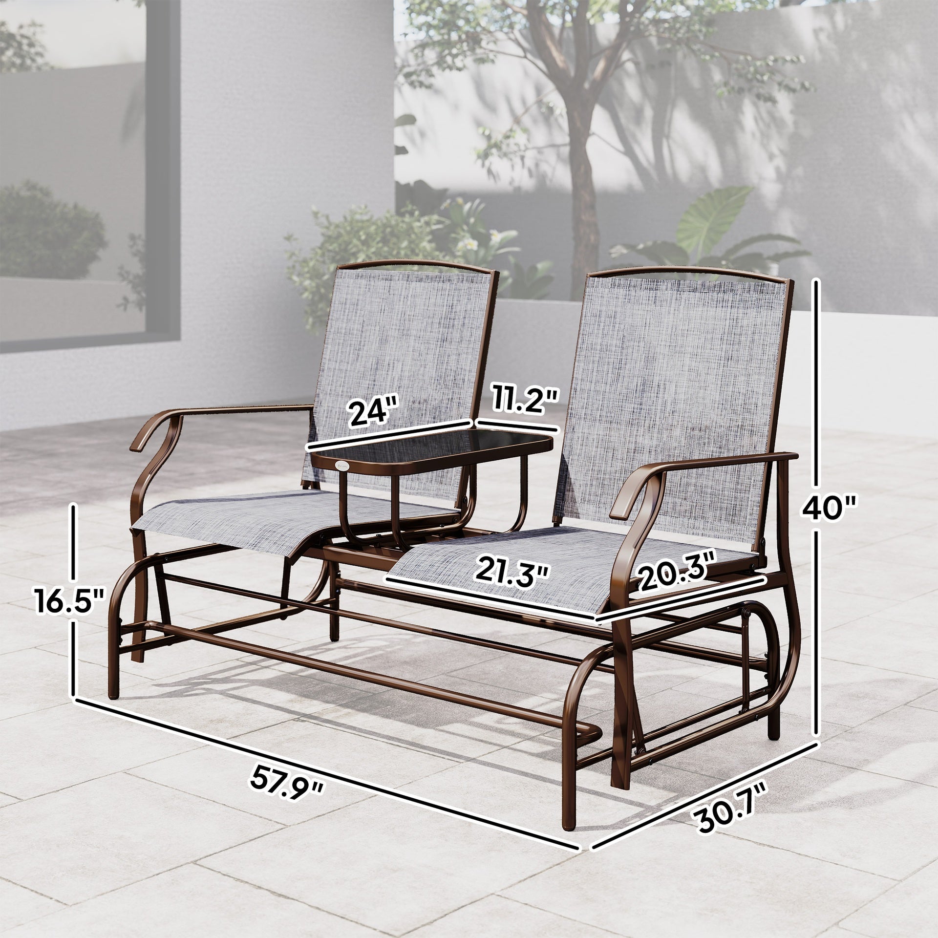Outsunny 2-Seat Outdoor Glider Swing, Center Coffee Table and Independent Chairs, Supports Up to 352 lbs., Loveseat with Breathable Sling for Backyard, Garden, and Porch, Brown