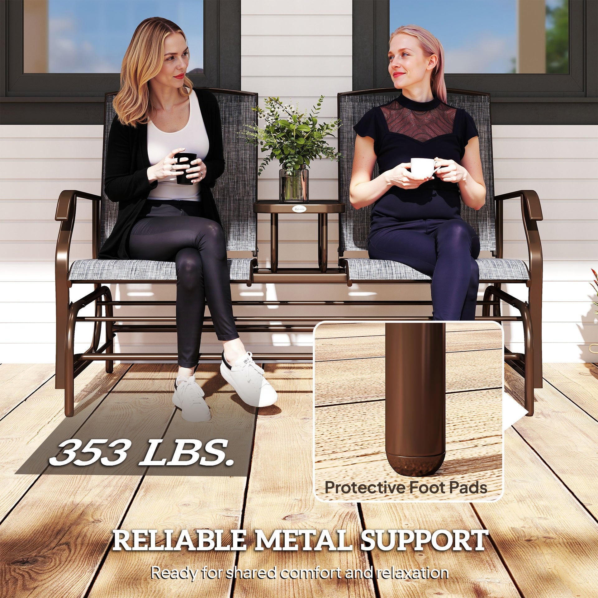 Outsunny 2-Seat Outdoor Glider Swing, Center Coffee Table and Independent Chairs, Supports Up to 352 lbs., Loveseat with Breathable Sling for Backyard, Garden, and Porch, Brown