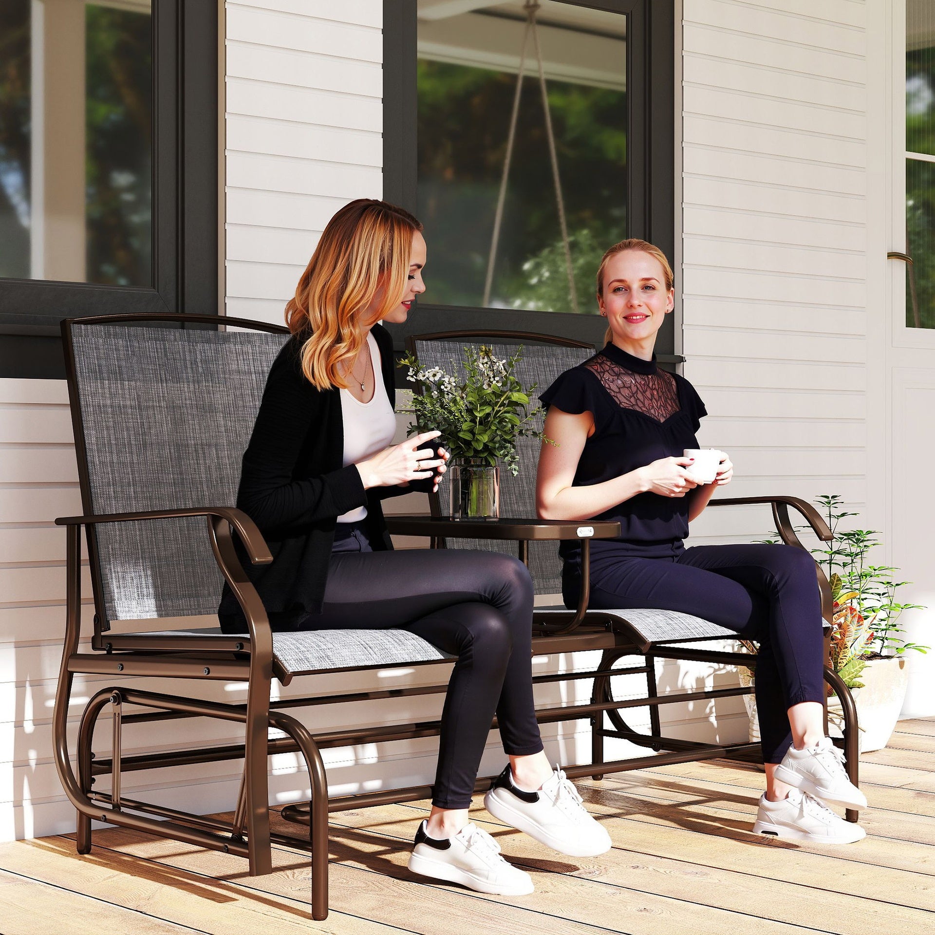 Outsunny 2-Seat Outdoor Glider Swing, Center Coffee Table and Independent Chairs, Supports Up to 352 lbs., Loveseat with Breathable Sling for Backyard, Garden, and Porch, Brown