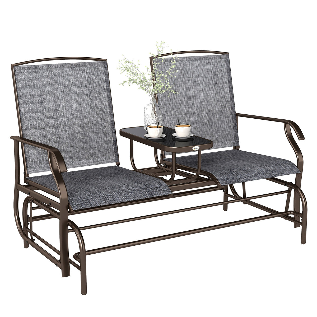 Outsunny 2-Seat Outdoor Glider Swing, Center Coffee Table and Independent Chairs, Supports Up to 352 lbs., Loveseat with Breathable Sling for Backyard, Garden, and Porch, Brown