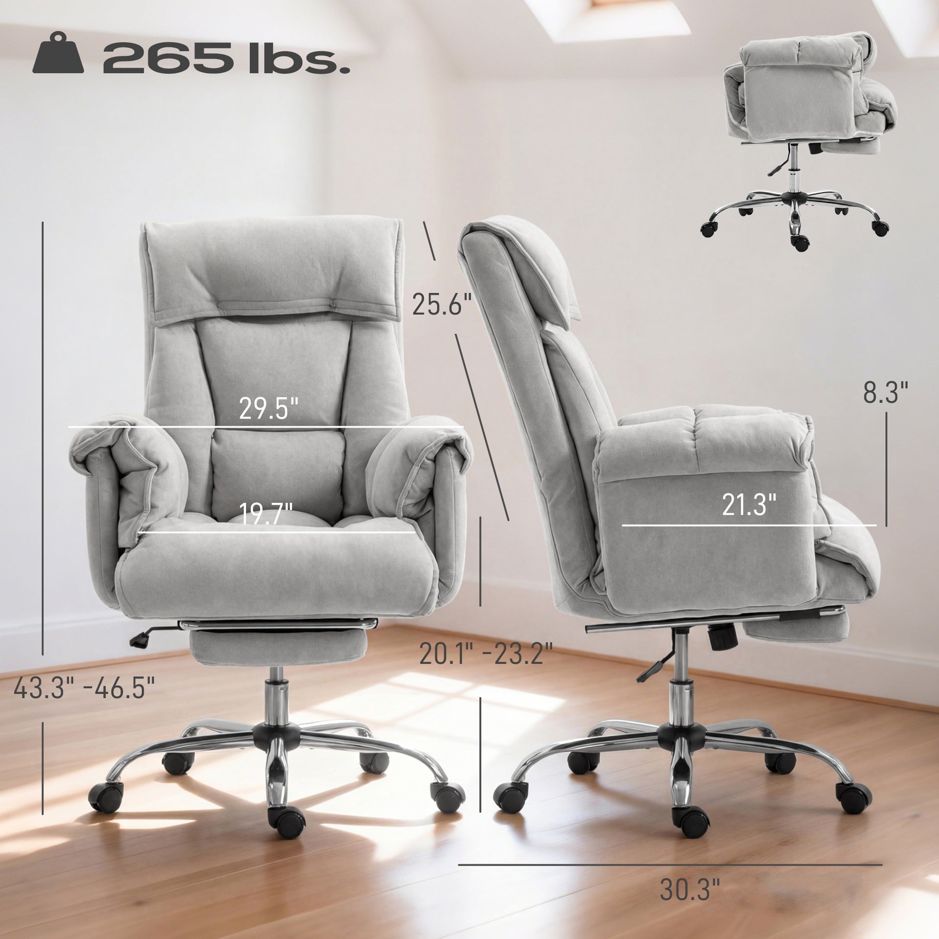 HOMCOM High Back Office Chair, Reclining Desk Chair with Footrest, High Resilience Foam, Rolling Wheels, Light Taupe Gray