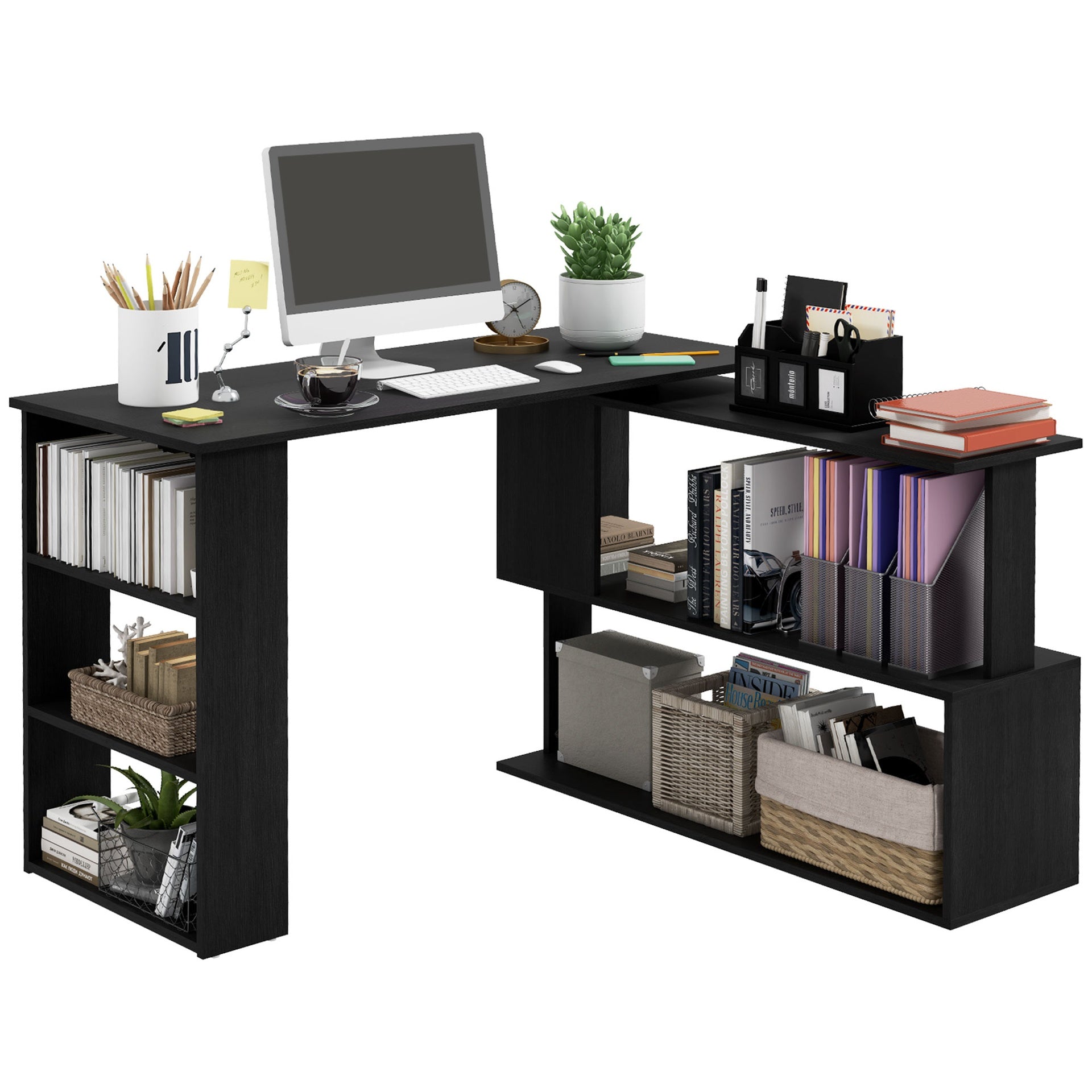 HOMCOM L Shaped Desk, Corner Computer Desk, 360 Degree Rotating Home Office Desk with Storage Shelves, Writing Table Workstation, Black