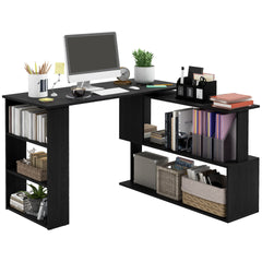 HOMCOM L Shaped Desk, Corner Computer Desk, 360 Degree Rotating Home Office Desk with Storage Shelves, Writing Table Workstation, Black