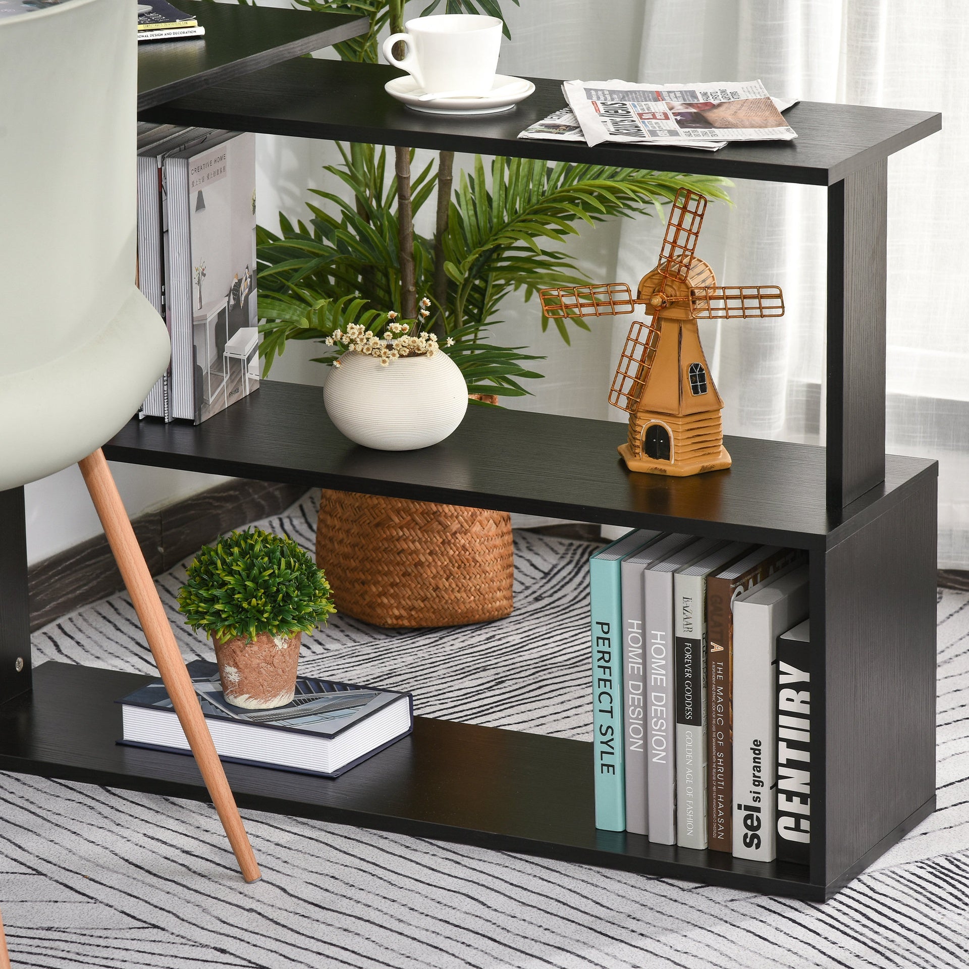 HOMCOM L Shaped Desk, Corner Computer Desk, 360 Degree Rotating Home Office Desk with Storage Shelves, Writing Table Workstation, Black