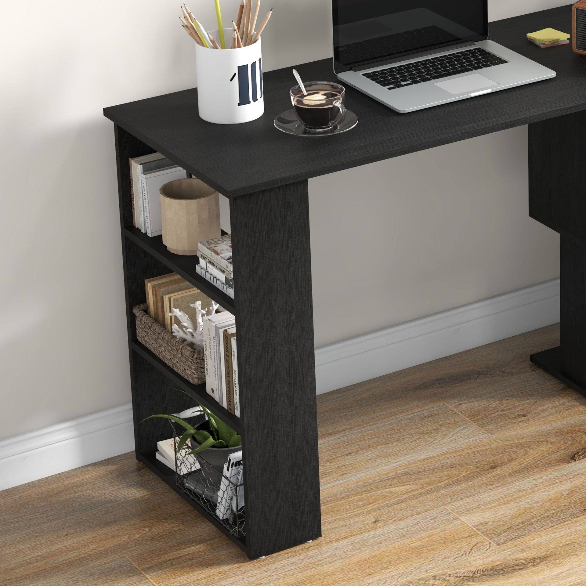 HOMCOM L Shaped Desk, Corner Computer Desk, 360 Degree Rotating Home Office Desk with Storage Shelves, Writing Table Workstation, Black