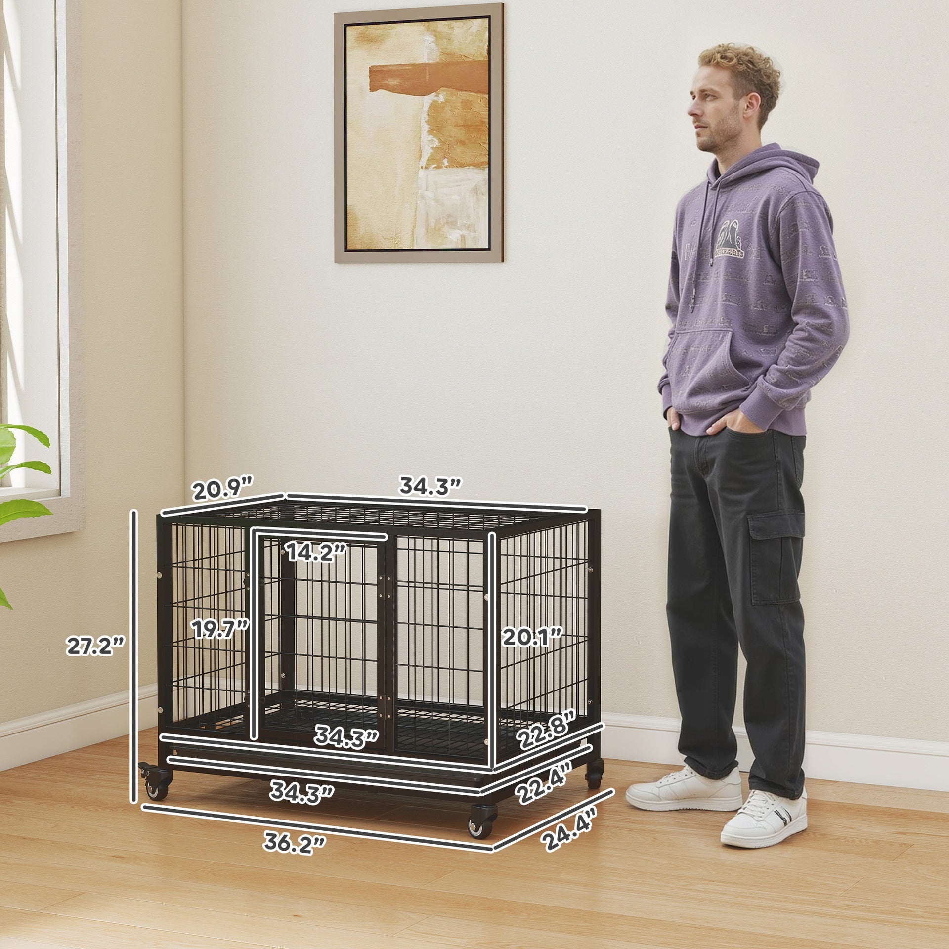 PawHut 36" Heavy Duty Dog Crate with Removable Tray, Lockable Wheels and Double Door, for Medium and Large Dogs, Black