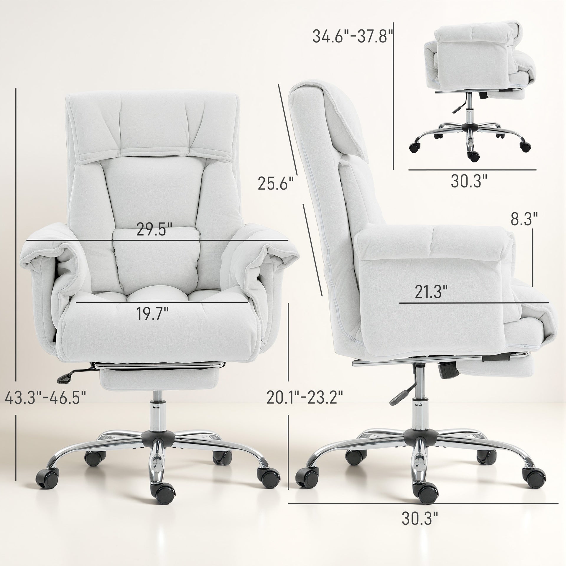 HOMCOM High Back Office Chair, Reclining Desk Chair with Footrest, High Resilience Foam, Rolling Wheels, Cream White