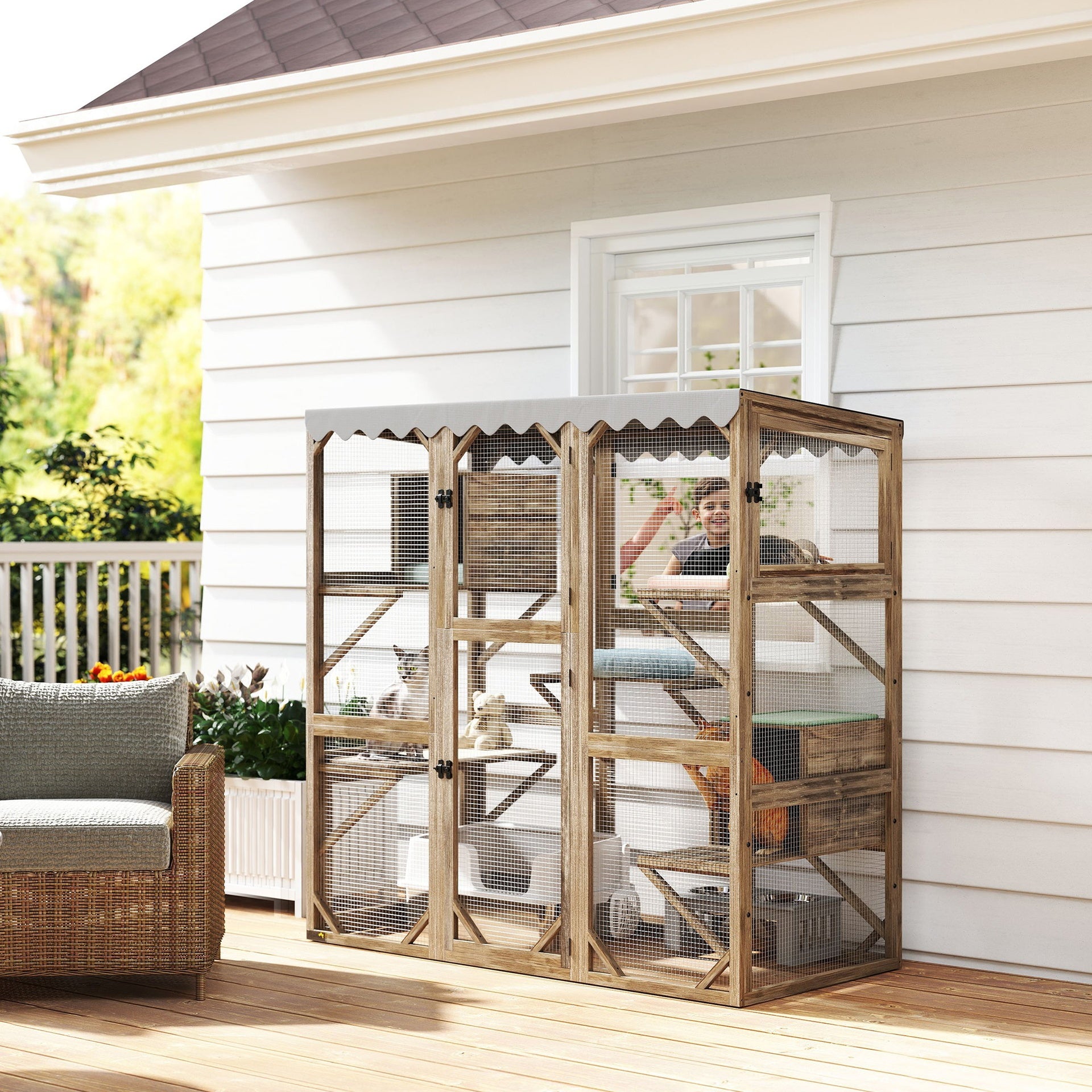 PawHut Outdoor Cat Enclosure with Window Access, 5 Platforms and 2 Resting Boxes, Waterproof Roof for Multiple Cats, Brown
