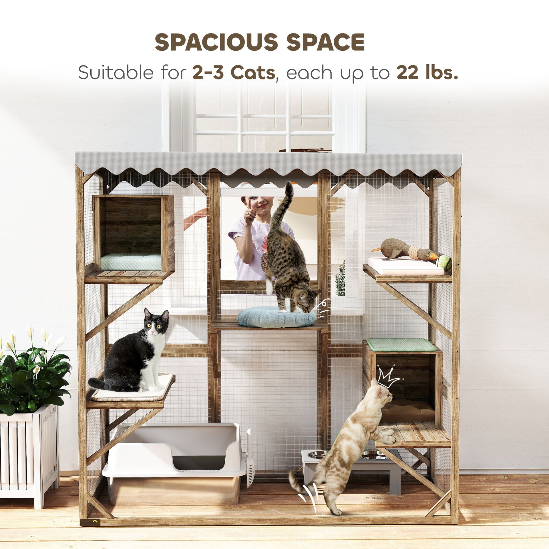 PawHut Outdoor Cat Enclosure with Window Access, 5 Platforms and 2 Resting Boxes, Waterproof Roof for Multiple Cats, Brown