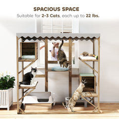 PawHut Outdoor Cat Enclosure with Window Access, 5 Platforms and 2 Resting Boxes, Waterproof Roof for Multiple Cats, Brown