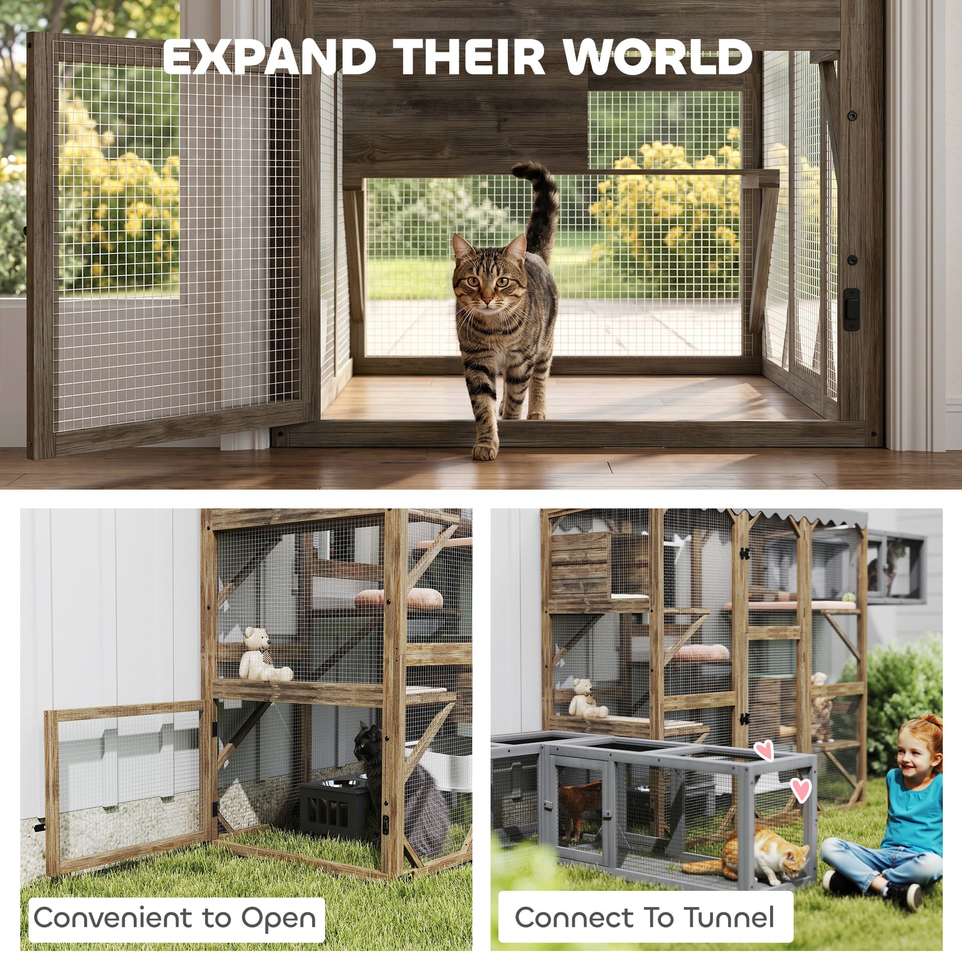 PawHut Outdoor Cat Enclosure with Window Access, 5 Platforms and 2 Resting Boxes, Waterproof Roof for Multiple Cats, Brown