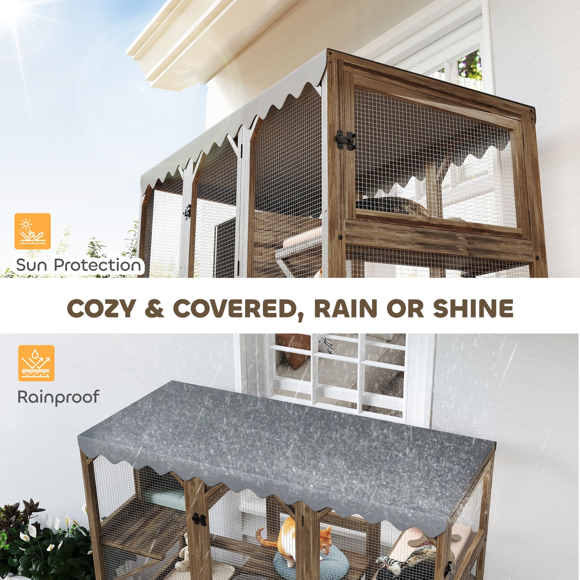 PawHut Outdoor Cat Enclosure with Window Access, 5 Platforms and 2 Resting Boxes, Waterproof Roof for Multiple Cats, Brown