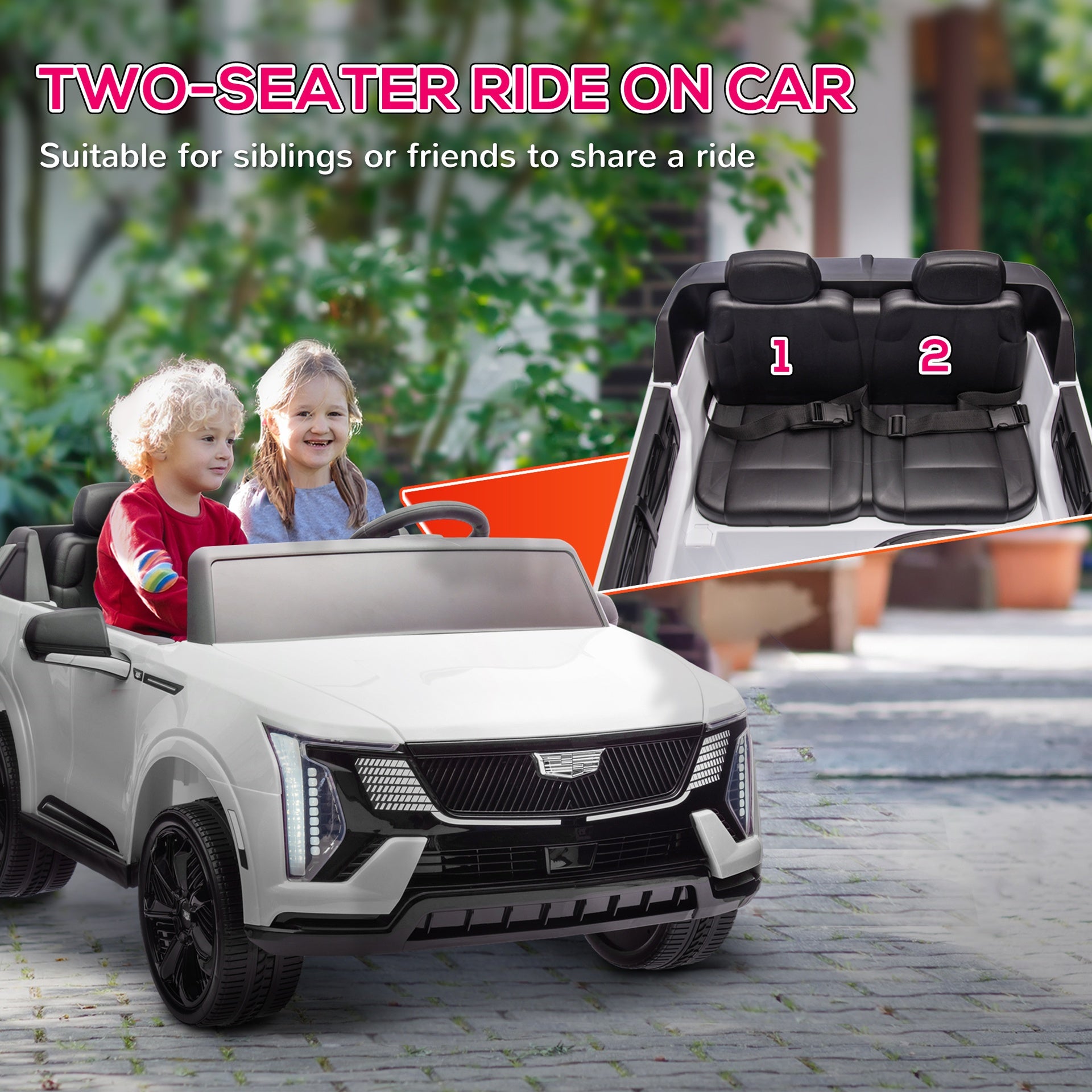Qaba 2-Seater 12V 10AH Ride on Truck, Cadillac Escalade Licensed Electric Car for Kids w/ Spring Suspension Wheels, White