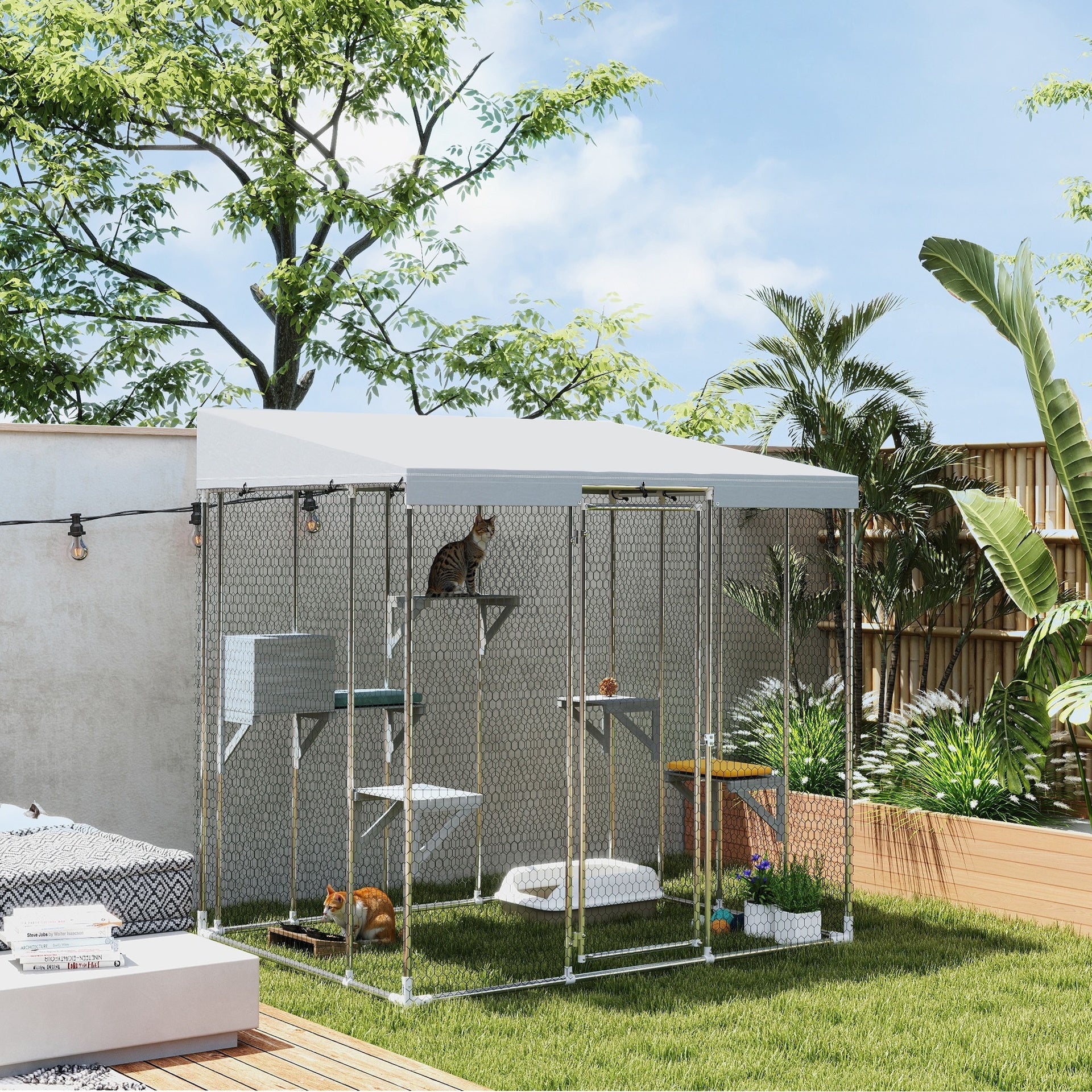 PawHut 79" Galvanized Steel Large Catio with Waterproof Canopy, Sleeping Box, Jumping Platforms, for 1-3 Kittens, Silver